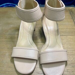 Nurture Open toe pump sandals beige, tan, leather, 2in heel Velcro ankle strap